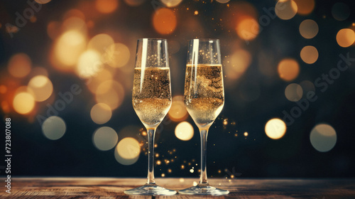 Glasses of champagne on bokeh background. New Year celebration