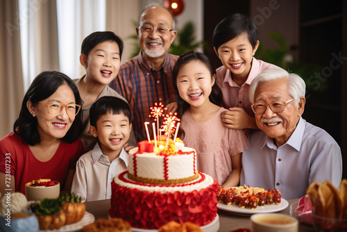 Asian family spanning multiple generations celebrates a family member's birthday at home.