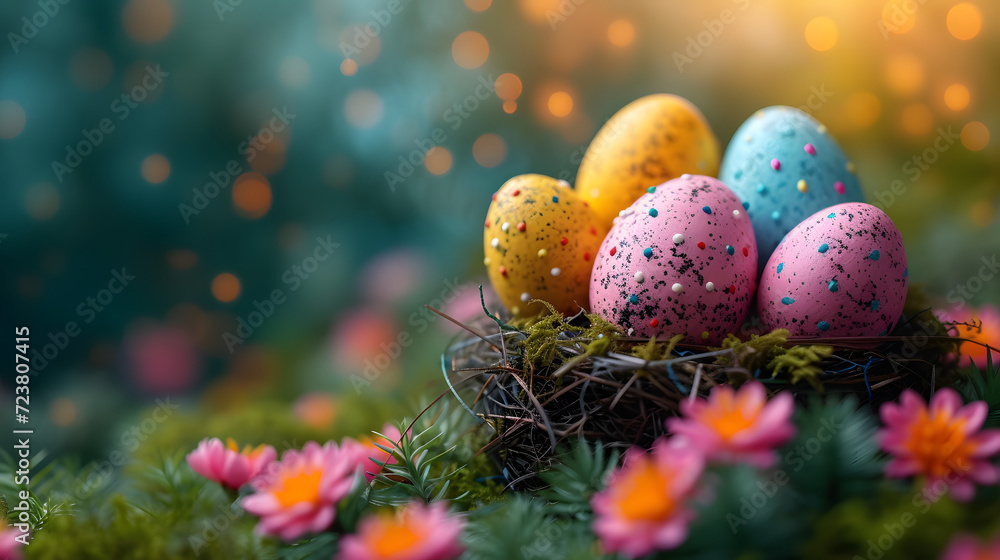 Colorful Eggs on Grass Covered Field Colorful Eggs on Grass Covered Field