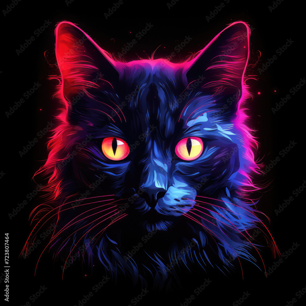 Neon black cat design on black isolated background Neon black cat design on black isolated background