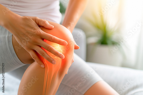 woman with knee pain at home hold her sports injured knee. female suffer from meniscal tear joint pain photo