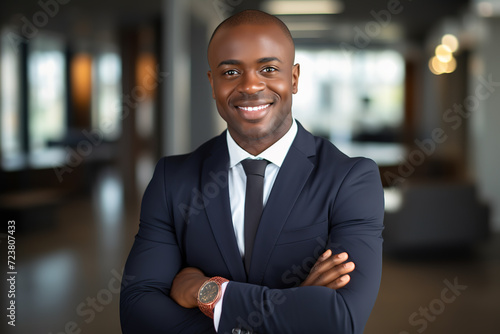 Portrait of confident African American businessman standing with arms crossed in modern cabinet.