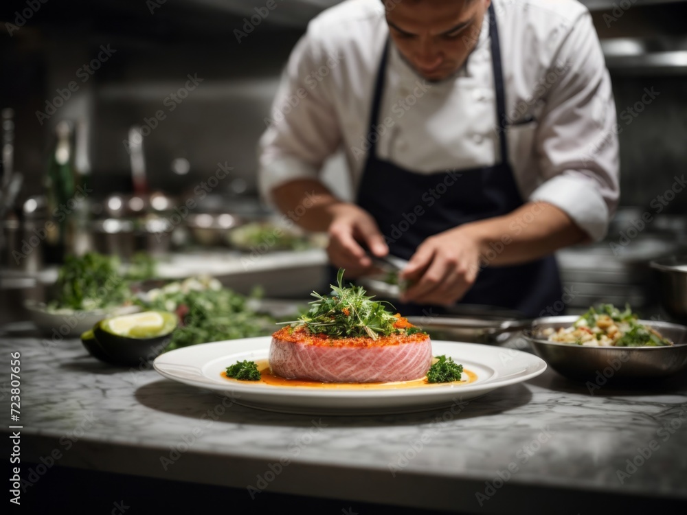 Chef in a restaurant kitchen decorating a dish with salmon steak Chef in a restaurant kitchen decorating a dish with salmon steak