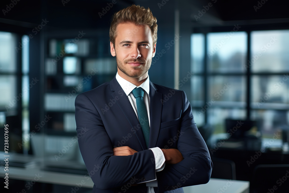 Portrait of businessman with crossed arms in the office, exuding leadership and vision. Portrait of businessman with crossed arms in the office, exuding leadership and vision.