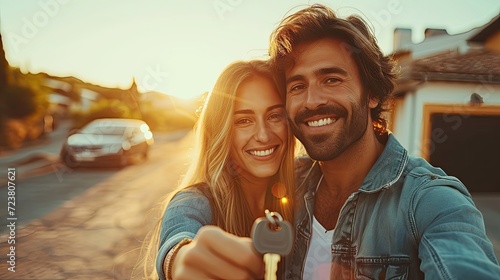 Joyful couple holding keys in a sunny street.