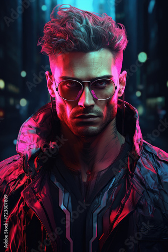 Neon color illuminated image of futuristic style cyberpunk male portrait