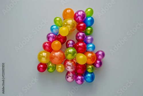 Number 4 made out of colorful balloons with a solid background. Age, anniversary, birthday, party celebration background.