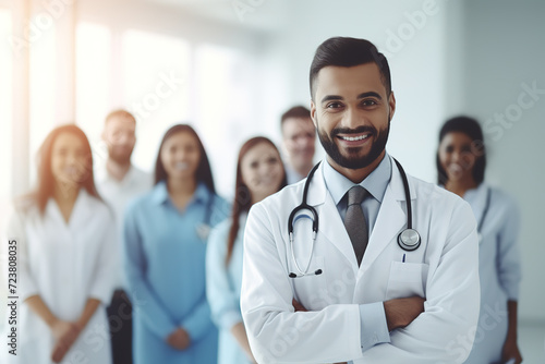 Portrait of confident male Indian doctor in front of his team, looking at camera and smiling.