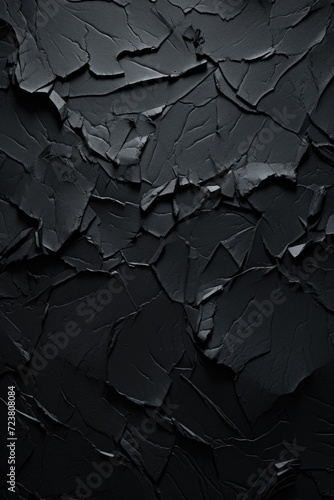 A black wall with visible cracks and fissures. Suitable for backgrounds and textures