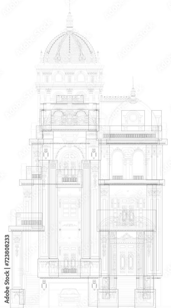 Sketch vector illustration of a technical drawing for a vintage classic old house with lots of ornaments