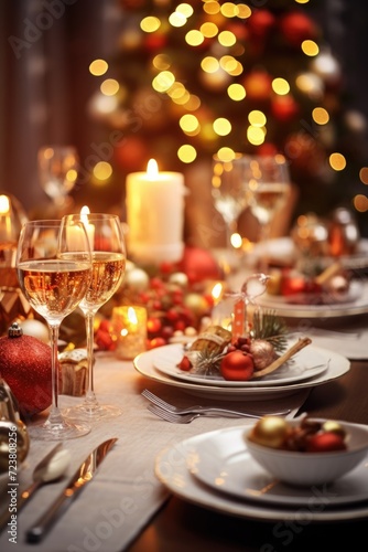 A festive holiday dinner table set with a beautiful Christmas tree in the background. Perfect for showcasing a cozy and joyful holiday celebration.