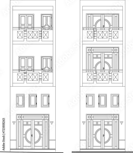 Sketch vector illustration of detailed technical drawing design for multi-storey shophouse construction