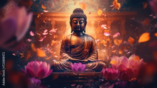 A serene Buddha statue surrounded by vibrant flowers and colorful butterflies. Perfect for adding a touch of tranquility and beauty to any space © Fotograf