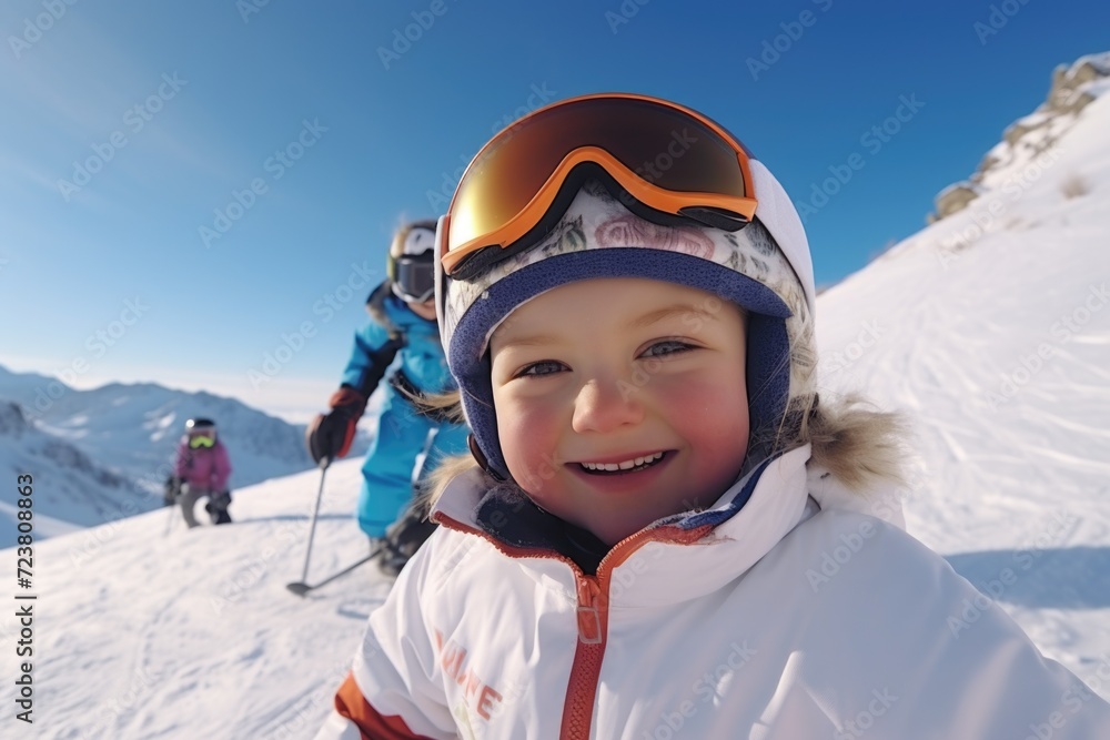 A young child wearing a helmet and goggles on a ski slope. Perfect for winter sports and outdoor activities