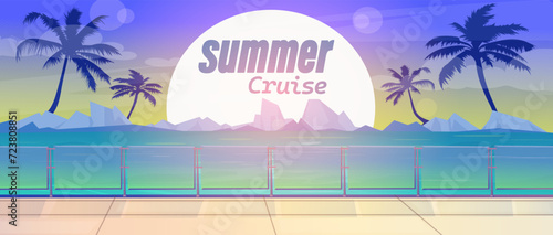 Summer cruise poster. Template for vacation on cruise ship. Time to travel in ocean. Promotion and shopping template for Summer. Beautiful view on blue sea and rocks on background. Vector illustration