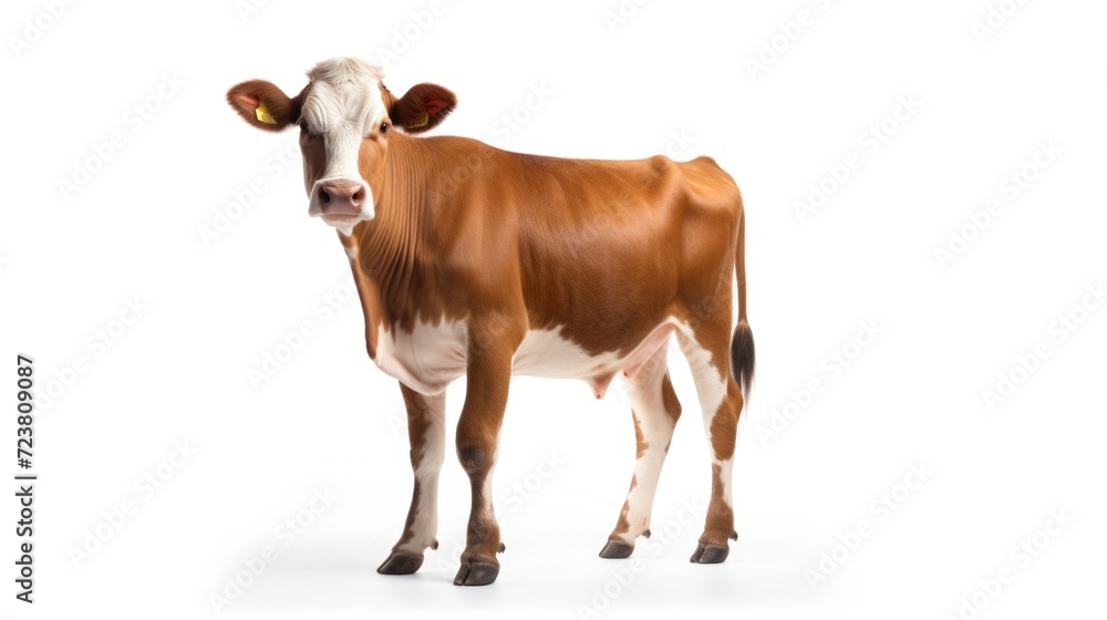 A brown and white cow standing on a white surface. Suitable for agricultural or rural-themed projects
