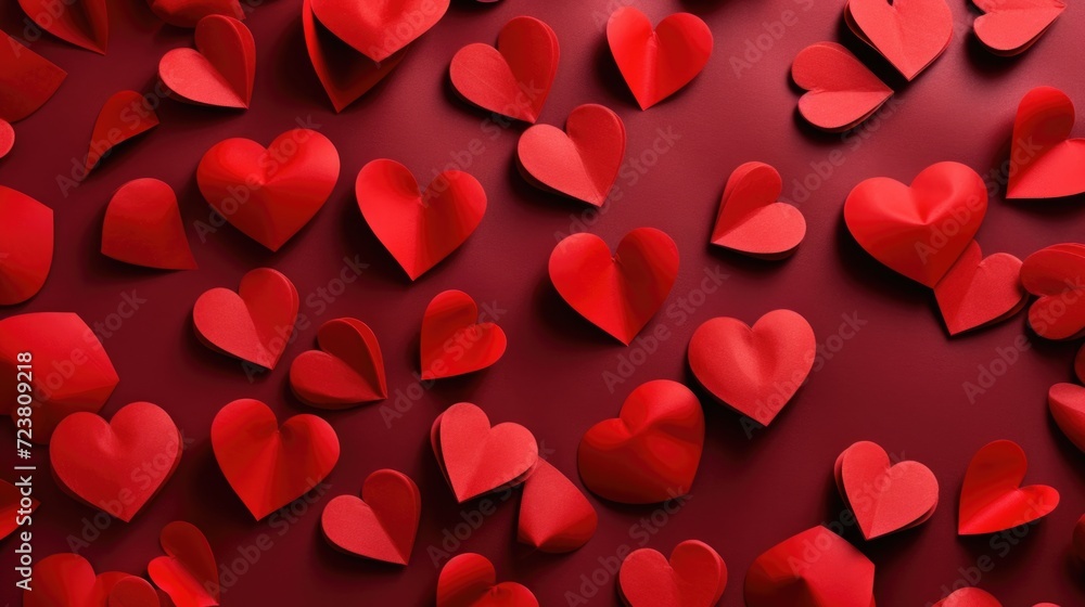 A collection of red paper hearts arranged on a vibrant red surface. Perfect for Valentine's Day or romantic-themed designs