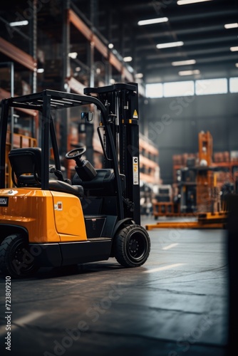 A forklift truck parked in a warehouse. Suitable for industrial and logistics concepts