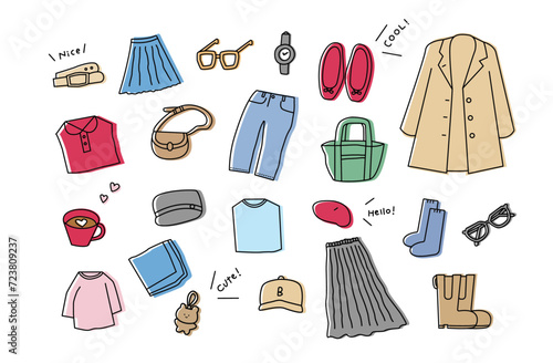 ファッション　服　女性　小物　セット　イラスト