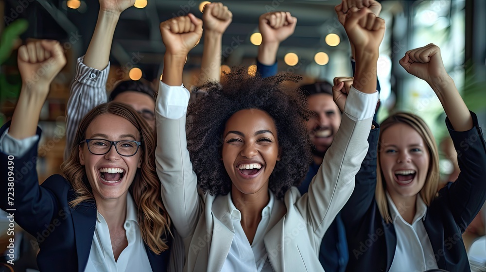 © AdriFerrer - Joyful business team celebrating success with raised fists. © AdriFerrer - Joyful business team celebrating success with raised fists.