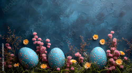 Painting of Blue Eggs Nestled in a Field of Flowers