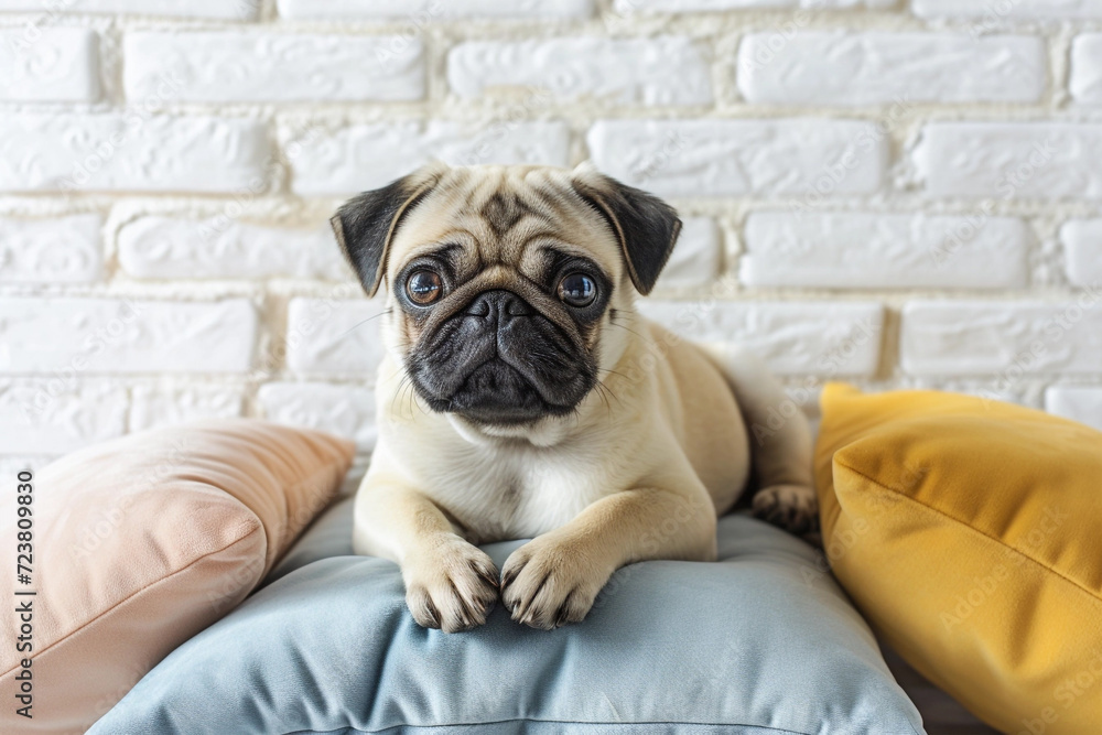 Cute pug puppy on blue pillow, rustic brick wall on background Cute pug puppy on blue pillow, rustic brick wall on background