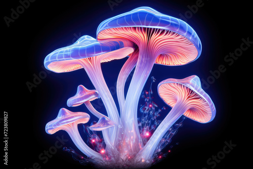 Neon colors mushroom, dark isolated background