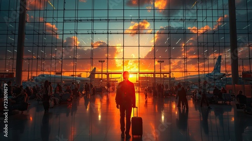 Silhouette of a person standing in an airport terminal with a dramatic sunset through large windows. photo