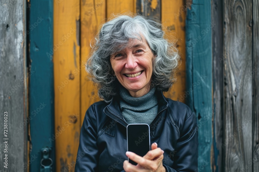 happy smiling elderly female with gray hair holds smartphone happy smiling elderly female with gray hair holds smartphone