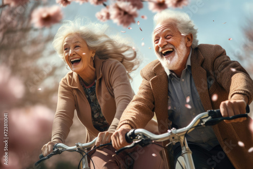 Happy active senior couple riding bikes in spring park 