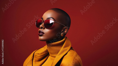 Beautiful african american woman in yellow coat and sunglasses isolated on red