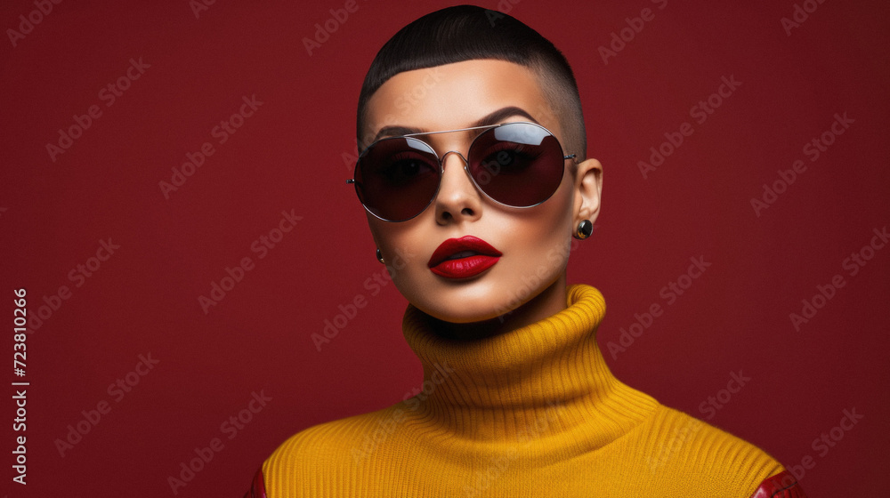 Fashion shot of a beautiful woman in sunglasses on a red background . Fashion shot of a beautiful woman in sunglasses on a red background .