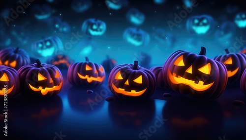 Neon lights colorful halloween background with jack o lantern pumpkin faces