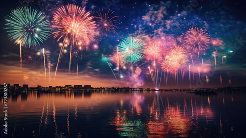 Colorful fireworks of various colors over night sky with reflection on water
