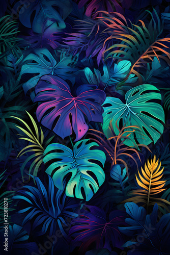 A print of a tropical jungle on black
