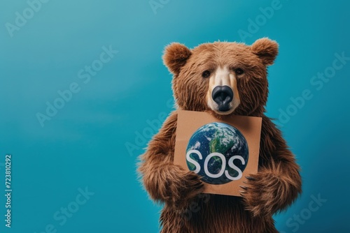 Bear holding a sign saying SOS, save the planet, Earth Day concept. © Deivison