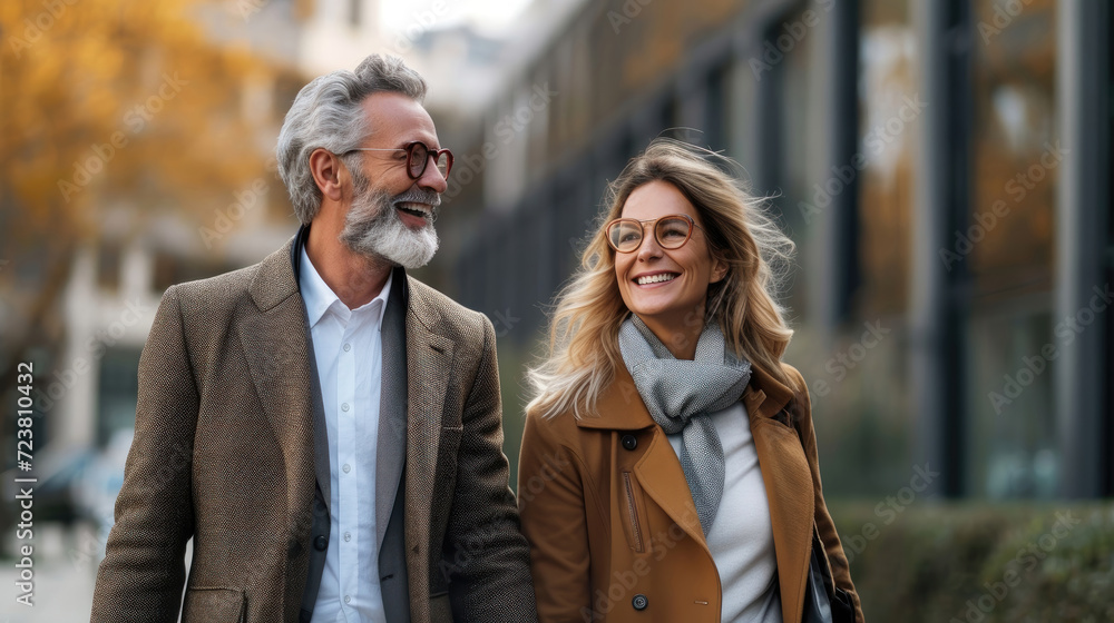 Smiling man and woman walking together outdoors. Smiling man and woman walking together outdoors.