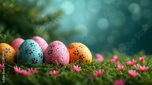 Row of Painted Eggs on Lush Green Field