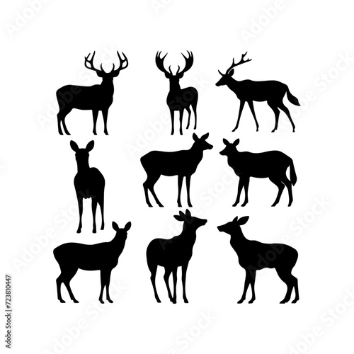 Deer black silhouette. Beautifully stylized collection of deer hand art design and vector illustration