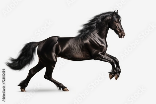 A powerful black horse galloping gracefully on a clean white background. Perfect for equestrian enthusiasts or for adding a touch of elegance to any design