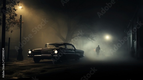 Vintage car parked on a foggy street at night with the headlights on. The aesthetics of film noir.