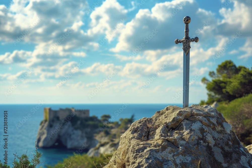 Knight's sword stuck in a rock on top of a hill, castle and sea in the background. Knight's sword stuck in a rock on top of a hill, castle and sea in the background.