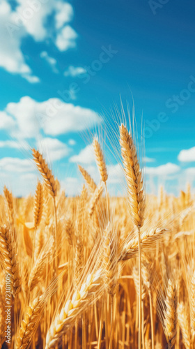 Wheat field. Ears of golden wheat close-up. Rich harvest concept .