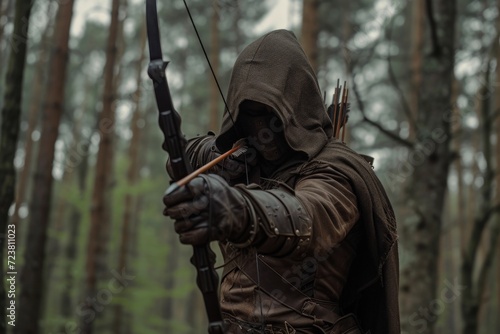 Hooded archer in the forest, fantasy concept.