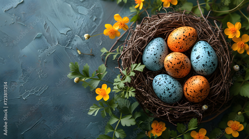 Birds Nest Filled With Eggs Surrounded by Yellow Flowers