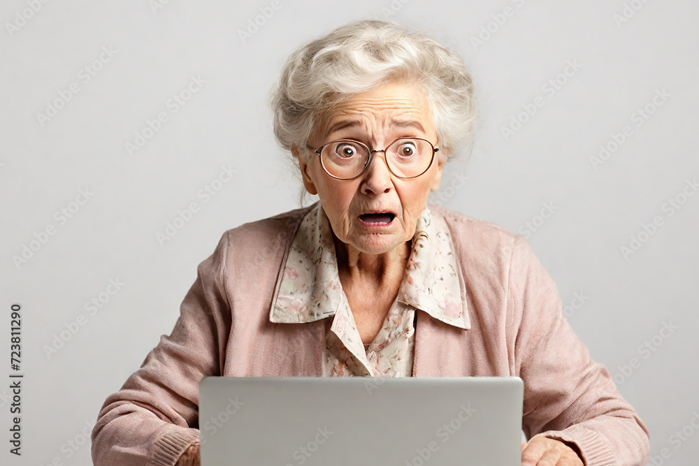 Surprised senior woman looking at the laptop screen on gray background Surprised senior woman looking at the laptop screen on gray background