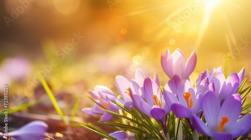 beautiful spring background with crocus flowers and sunspikes