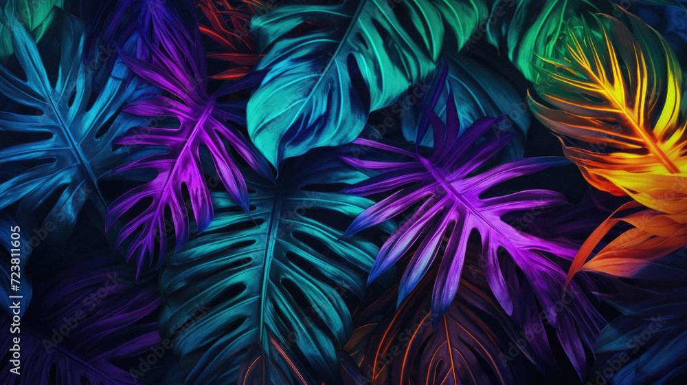 Tropical leaves background. Colorful Monstera leaves background . Tropical leaves background. Colorful Monstera leaves background .