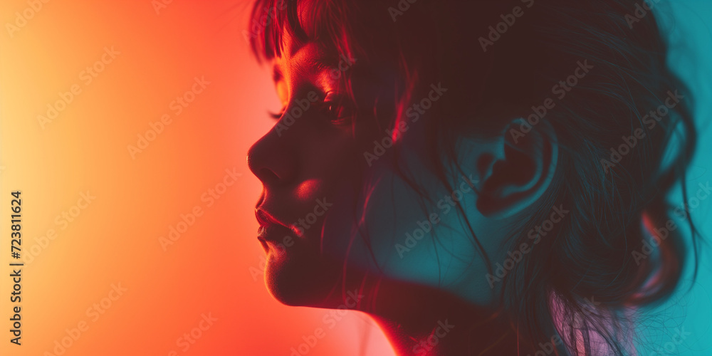 Silhouette of a young girl against a vivid red and blue background, creating a mystical aura