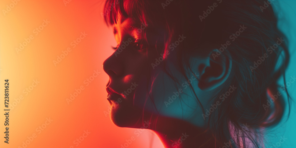 Silhouette of a young girl against a vivid red and blue background, creating a mystical aura Silhouette of a young girl against a vivid red and blue background, creating a mystical aura